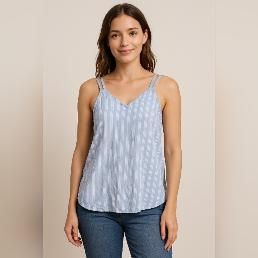 SO Blue White Striped Smocked Rayon Tank‎ Top XL Double Strap Casual Summer